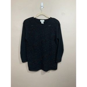 VTG Womens Beaded Tunic Sweater Large Black Granny Flower Embroidered Elegant